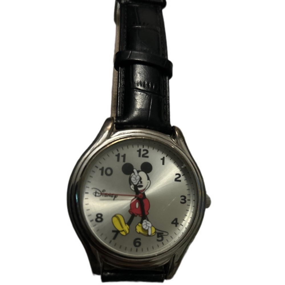Disney Mickey Mouse Silver Dial Watch with Black Band